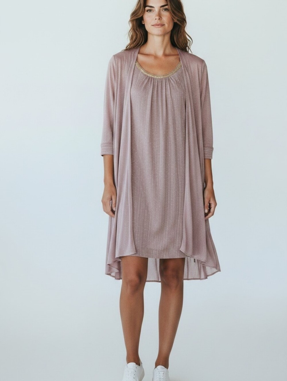 R&M Richards Women’s 2-Piece Mauve Striped Knit Dress & Sheer Jacket Beaded 14